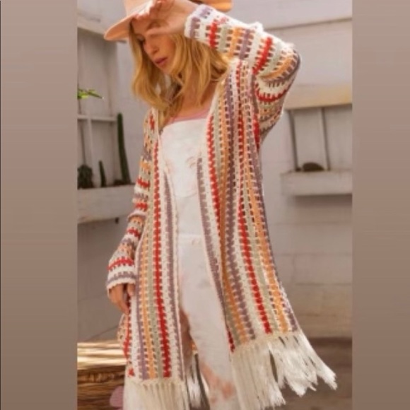 New! POL Cream Multi stripe Open Cardigan tassel - Picture 2 of 6